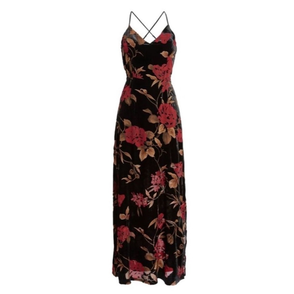 Black Velvet Floral Print Maxi Dress